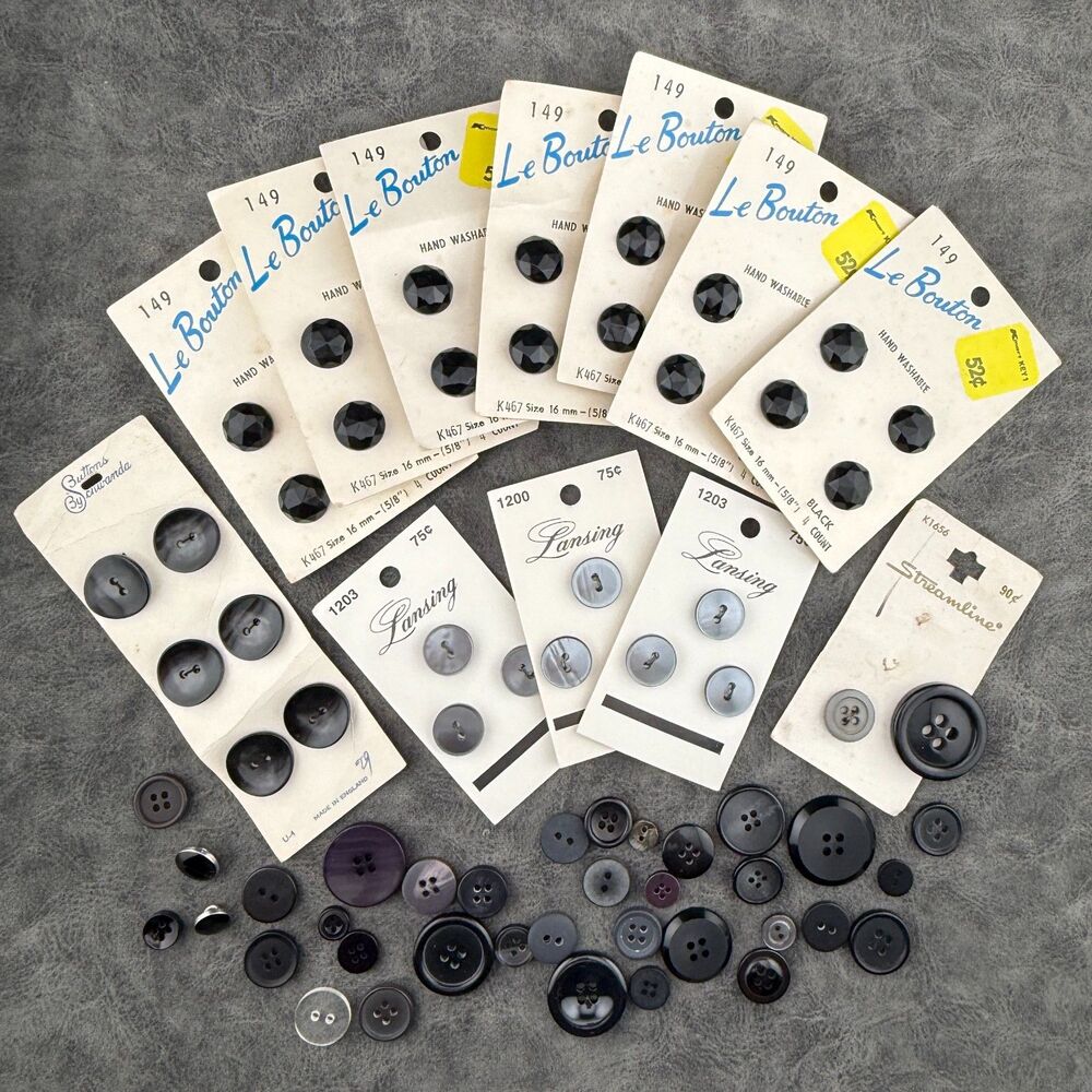 Lot of Mixed Vintage Buttons w Cards Black Gray Tones Lansing Le Bouton Loose